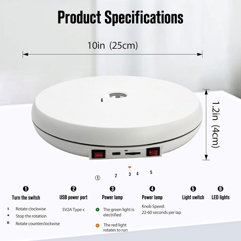 JAYEGT Motorized Rotating Display Stand with LED Light , 10 inch /55lbs Load, 360 Turntable Display Stand for Photography Products Shows, Jewelry, Watch (White / White LED Light/ Rechargeable ) - Image 5